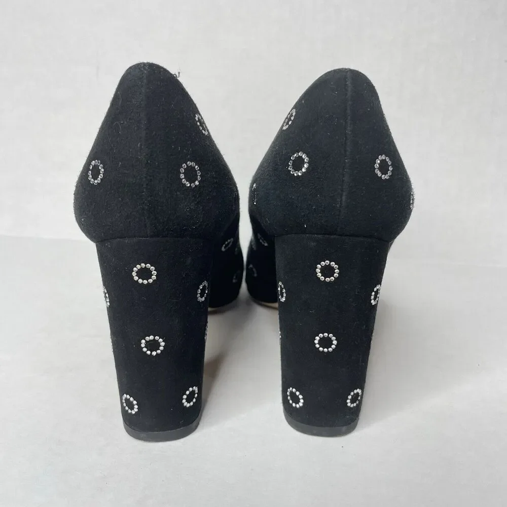 Black Suede Block Heel Pumps Size 6.5 |‎ Retro Mod Polka Dot Party Shoes Sparkly